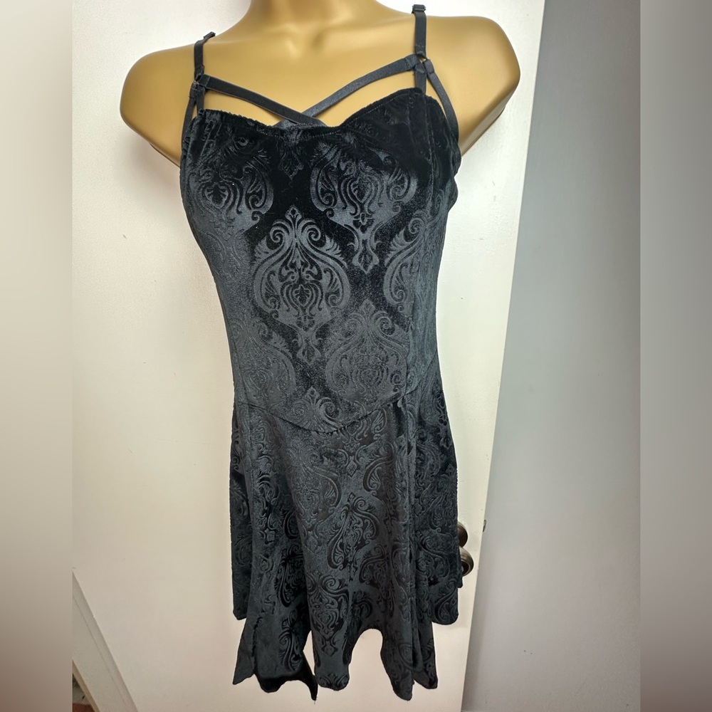 Widow X Dolls Kill Black Too Far Gone Velvet Embossed Asymmetrical Dress NWT S